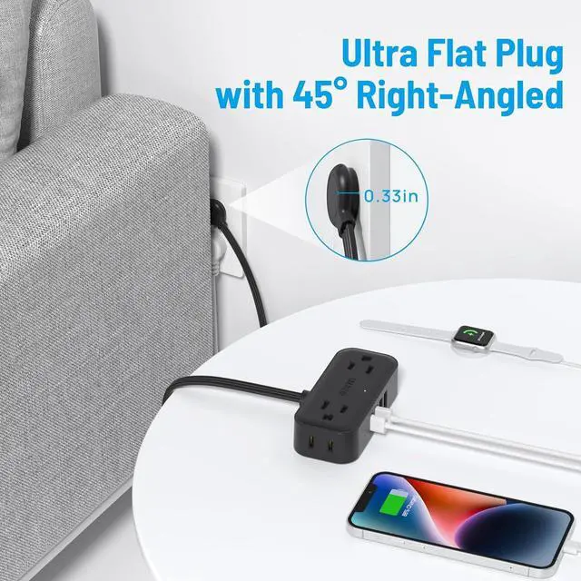 Alt view image 4 of 7 - TROND Travel Power Strip with USB Ports, 5ft Flat Plug Extension Cord with Multiple Outlets, Small Wall Mount Extender Adapter for Office Dorm Room Essentials, Black