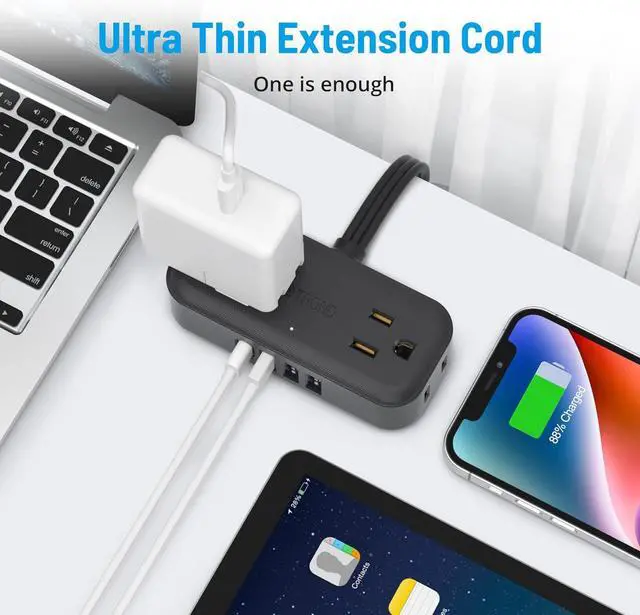 Alt view image 5 of 7 - TROND Travel Power Strip with USB Ports, 5ft Flat Plug Extension Cord with Multiple Outlets, Small Wall Mount Extender Adapter for Office Dorm Room Essentials, Black