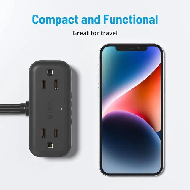 Alt view image 6 of 7 - TROND Travel Power Strip with USB Ports, 5ft Flat Plug Extension Cord with Multiple Outlets, Small Wall Mount Extender Adapter for Office Dorm Room Essentials, Black