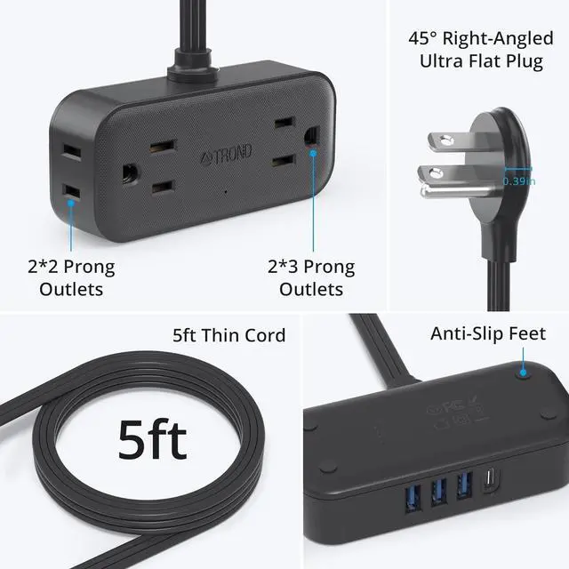 Alt view image 7 of 7 - TROND Travel Power Strip with USB Ports, 5ft Flat Plug Extension Cord with Multiple Outlets, Small Wall Mount Extender Adapter for Office Dorm Room Essentials, Black