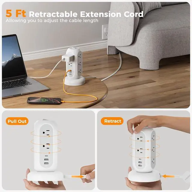 Alt view image 2 of 7 - Surge Protector Power Strip Tower, TESSAN 5 FT Retractable Extension Cord with Multiple Outlets, 11 Outlets with 3 USB (1 USB C) Charging Station, 1050J, Office Desk Supplies, Dorm Essentials