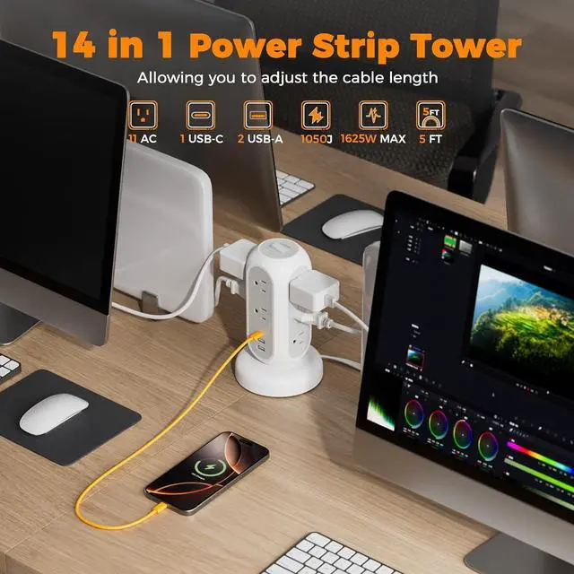Alt view image 3 of 7 - Surge Protector Power Strip Tower, TESSAN 5 FT Retractable Extension Cord with Multiple Outlets, 11 Outlets with 3 USB (1 USB C) Charging Station, 1050J, Office Desk Supplies, Dorm Essentials