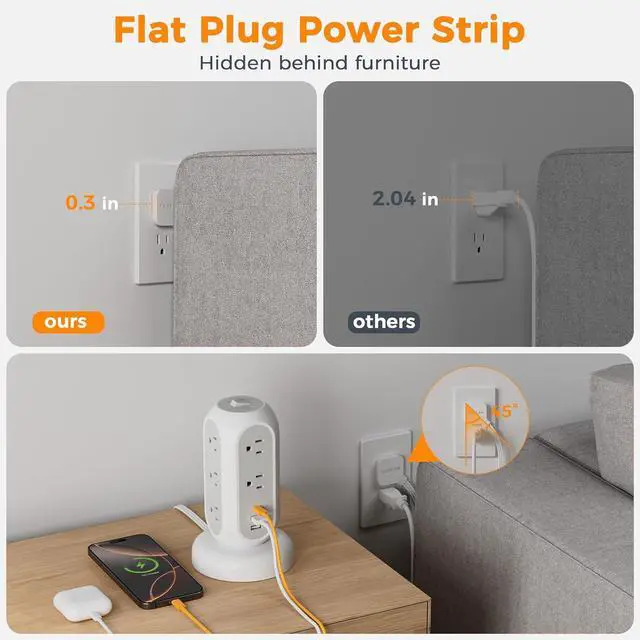 Alt view image 4 of 7 - Surge Protector Power Strip Tower, TESSAN 5 FT Retractable Extension Cord with Multiple Outlets, 11 Outlets with 3 USB (1 USB C) Charging Station, 1050J, Office Desk Supplies, Dorm Essentials