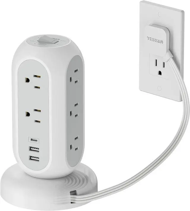 Main image of Surge Protector Power Strip Tower, TESSAN 5 FT Retractable Extension Cord with Multiple Outlets, 11 Outlets with 3 USB (1 USB C) Charging Station, 1050J, Office Desk Supplies, Dorm Essentials
