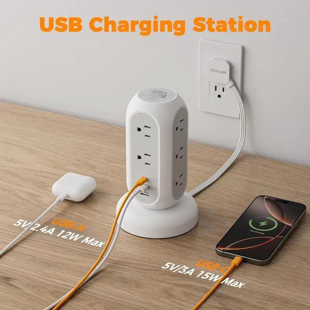Alt view image 5 of 7 - Surge Protector Power Strip Tower, TESSAN 5 FT Retractable Extension Cord with Multiple Outlets, 11 Outlets with 3 USB (1 USB C) Charging Station, 1050J, Office Desk Supplies, Dorm Essentials