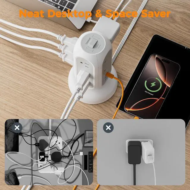 Alt view image 7 of 7 - Surge Protector Power Strip Tower, TESSAN 5 FT Retractable Extension Cord with Multiple Outlets, 11 Outlets with 3 USB (1 USB C) Charging Station, 1050J, Office Desk Supplies, Dorm Essentials