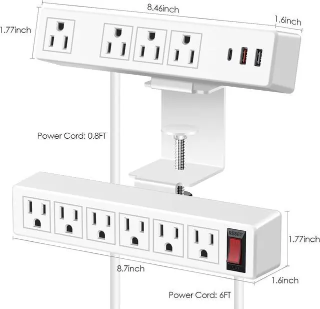 Alt view image 5 of 7 - Dual Layer Desk Clamp Power Strip, 20W Desktop Edge Mount Charging Station with 10 Outlets 3 USB Ports, Under Desk Surge Protector, 6.5 Ft Extension Cord for Office Home