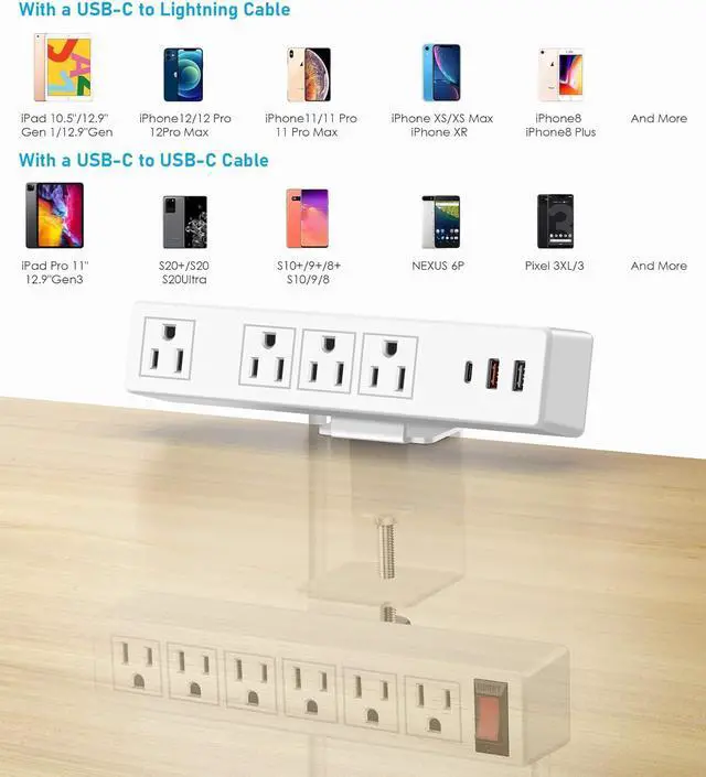 Alt view image 6 of 7 - Dual Layer Desk Clamp Power Strip, 20W Desktop Edge Mount Charging Station with 10 Outlets 3 USB Ports, Under Desk Surge Protector, 6.5 Ft Extension Cord for Office Home