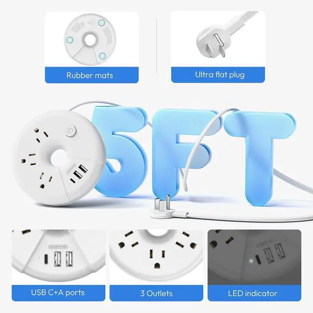Alt view image 3 of 7 - Travel Power Strip with USB Ports, NTONPOWER Cruise Approved Power Strip with 3 Outlet 3 USB(1 USB C), 5 ft Extension Cord, Compact for Indoor Home Office Dorm Room Cruise Essentials, White