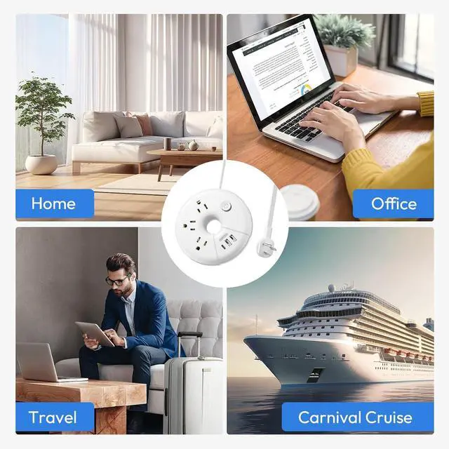 Alt view image 5 of 7 - Travel Power Strip with USB Ports, NTONPOWER Cruise Approved Power Strip with 3 Outlet 3 USB(1 USB C), 5 ft Extension Cord, Compact for Indoor Home Office Dorm Room Cruise Essentials, White
