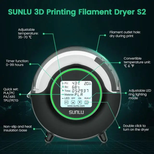 Alt view image 5 of 7 - SUNLU Official Filament Dryer S2, 70 Max Temperature, Built-in Circulation Fan, 3D Printer Filament Storage Box Filament Dehydrator, Nylon TPU PLA PETG ABS 3D Printer Filament Dryer Box (Black)