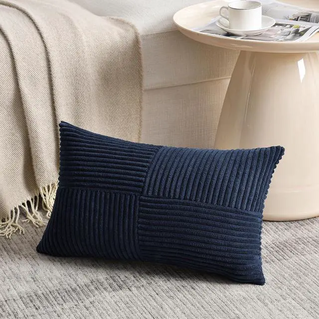 Alt view image 2 of 6 - Fancy Homi 2 Packs Navy Blue Lumbar Decorative Throw Pillow Covers 12x20 Inch for Living Room Couch, Rustic Farmhouse Boho Home Decor, Soft Striped Corduroy Rectangle Accent Cushion Case 30x50 cm