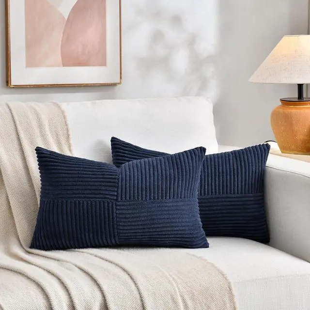 Alt view image 5 of 6 - Fancy Homi 2 Packs Navy Blue Lumbar Decorative Throw Pillow Covers 12x20 Inch for Living Room Couch, Rustic Farmhouse Boho Home Decor, Soft Striped Corduroy Rectangle Accent Cushion Case 30x50 cm