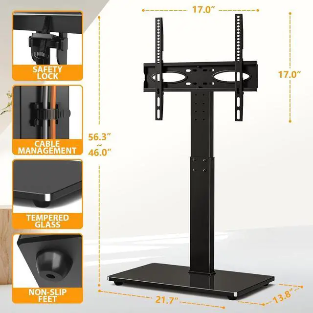 Alt view image 6 of 7 - TAVR Universal Floor TV Stand Base for 32-75 Inch TVs up to 110 Lbs with Swivel Height Adjustable Mount, Black Tempered Glass Base for Media Storage and Space Saving