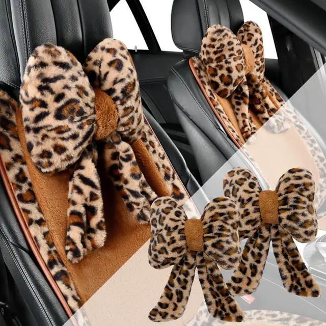 Main image of Car Neck Pillow 2PCS Plush Bowknot Car Headrest Pillow  Comfortable Neck Support for Driving Soft Touch Fabric Car Pillow Cute Girl-Style Interior Decor (Leopard)