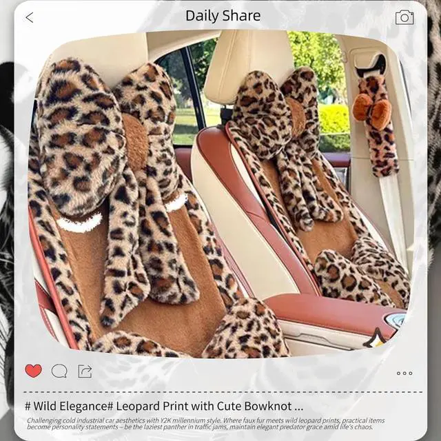 Alt view image 7 of 7 - Car Neck Pillow 2PCS Plush Bowknot Car Headrest Pillow  Comfortable Neck Support for Driving Soft Touch Fabric Car Pillow Cute Girl-Style Interior Decor (Leopard)