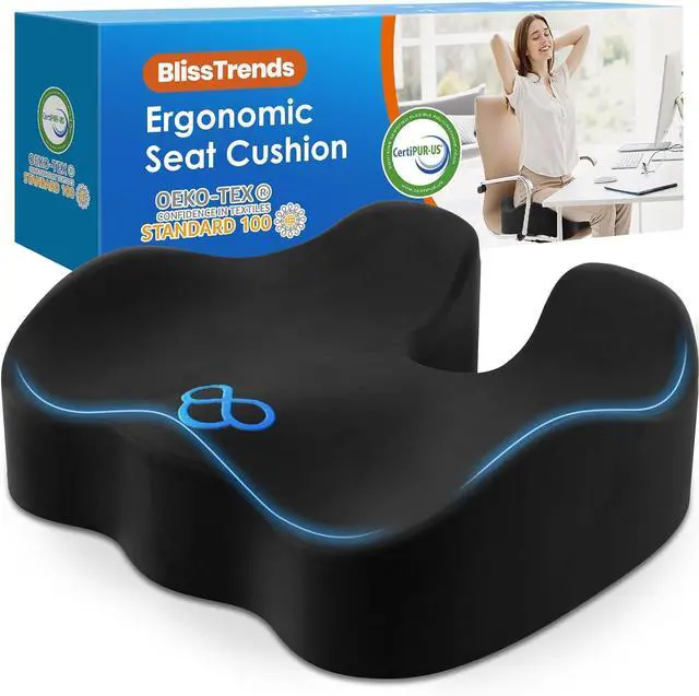 Main image of BlissTrends Seat Cushion,Thick Memory Foam Cushions for Office Chair, Car Seat, Airplane, Relieving Pressure Tailbone Sciatica Back Pain for Long Sitting Office Workers, Car Drivers 4.7in Thick Black