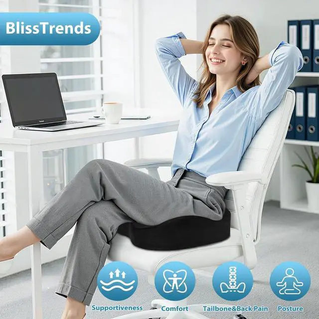 Alt view image 6 of 7 - BlissTrends Seat Cushion,Thick Memory Foam Cushions for Office Chair, Car Seat, Airplane, Relieving Pressure Tailbone Sciatica Back Pain for Long Sitting Office Workers, Car Drivers 4.7in Thick Black