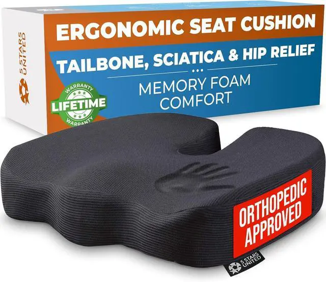 Main image of Seat Cushion for Office Chairs - Fits 18"x14" Seats, Tailbone, Coccyx Pain Relief - Butt, Pressure & Sciatica Relief - Gaming, Wheelchair, Car & Desk Pillow, Black