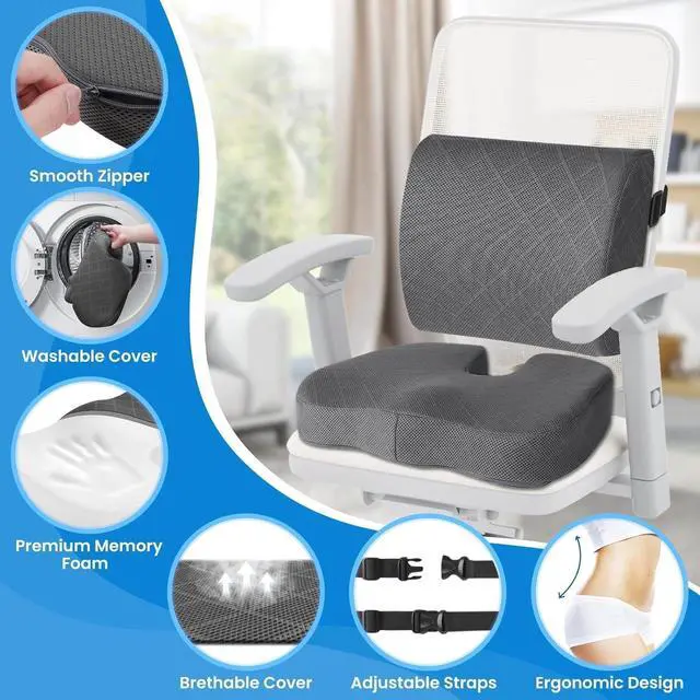 Alt view image 5 of 7 - TushGuard Office Chair Cushions with Handles, Back&Seat Cushion, Sciatica & Back Coccyx Tailbone Discomfort Easing Chair Pad, Memory Foam Lumbar Support Pillow for Gaming, Desk, Car (Grey, X-Large)