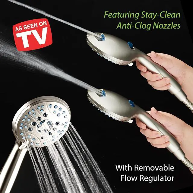 Alt view image 2 of 7 - Hotel Spa AquaCare High Pressure 8-mode Handheld Shower Head, Anti-clog Nozzles, Built-in Power Wash to Clean Tub, Tile & Pets, Extra Long 6 ft. Stainless Steel Hose, Wall & Overhead Brackets
