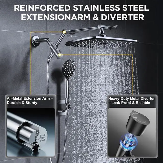 Alt view image 2 of 7 - Veken Wide Rain Shower Head with Handheld, High Pressure Rainfall Showerhead Combo with Arm for Bathroom Accessories, Home Decor, Detachable Dual Shower with Multi Modes Handheld Spray, Silver Chrome