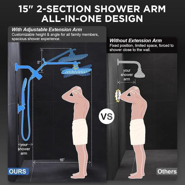 Alt view image 5 of 7 - Veken Wide Rain Shower Head with Handheld, High Pressure Rainfall Showerhead Combo with Arm for Bathroom Accessories, Home Decor, Detachable Dual Shower with Multi Modes Handheld Spray, Silver Chrome