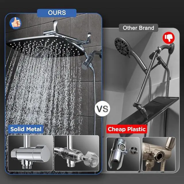 Alt view image 6 of 7 - Veken Wide Rain Shower Head with Handheld, High Pressure Rainfall Showerhead Combo with Arm for Bathroom Accessories, Home Decor, Detachable Dual Shower with Multi Modes Handheld Spray, Silver Chrome