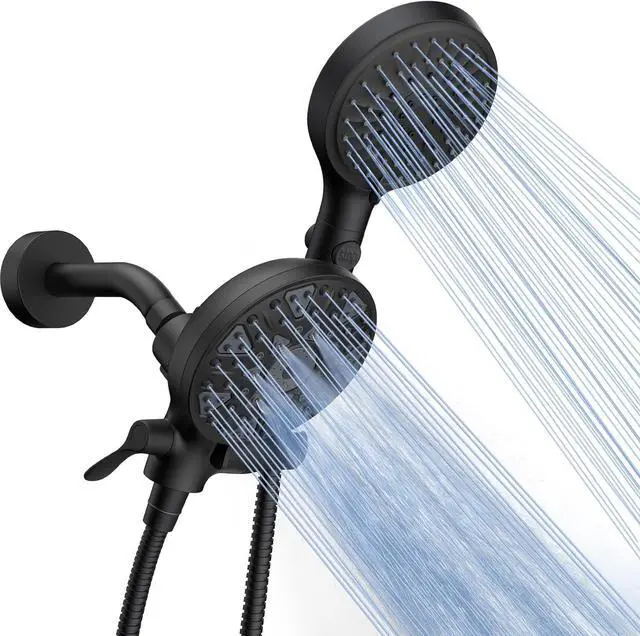 Main image of FASDUNT Dual Handheld Shower Head Combo, Enjoy 6-Setting Rain Showerhead and 6-Setting Hand Held Shower Separately or Together, 2 in 1 Showerhead with 80" Extra Long Stainless Steel Hose, Black