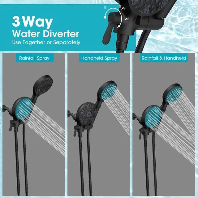 Alt view image 3 of 7 - FASDUNT Dual Handheld Shower Head Combo, Enjoy 6-Setting Rain Showerhead and 6-Setting Hand Held Shower Separately or Together, 2 in 1 Showerhead with 80" Extra Long Stainless Steel Hose, Black