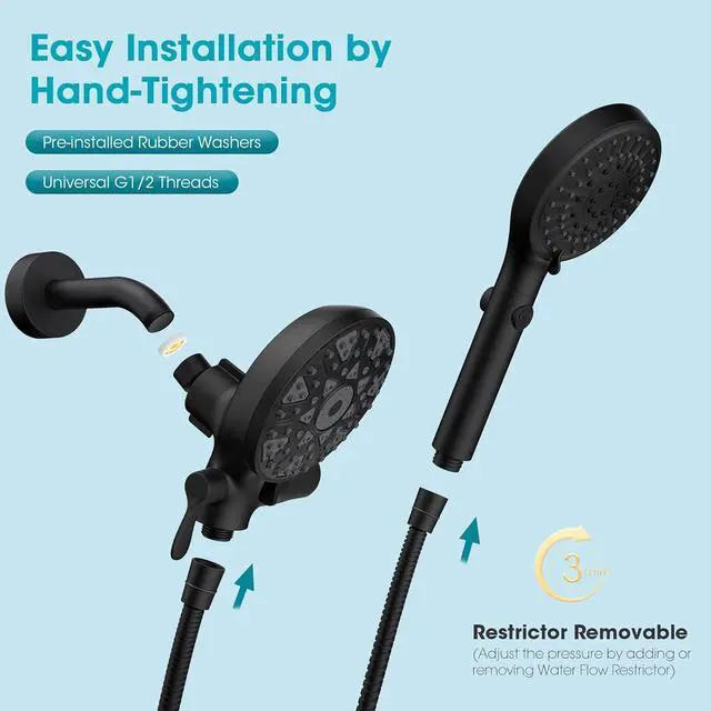 Alt view image 7 of 7 - FASDUNT Dual Handheld Shower Head Combo, Enjoy 6-Setting Rain Showerhead and 6-Setting Hand Held Shower Separately or Together, 2 in 1 Showerhead with 80" Extra Long Stainless Steel Hose, Black