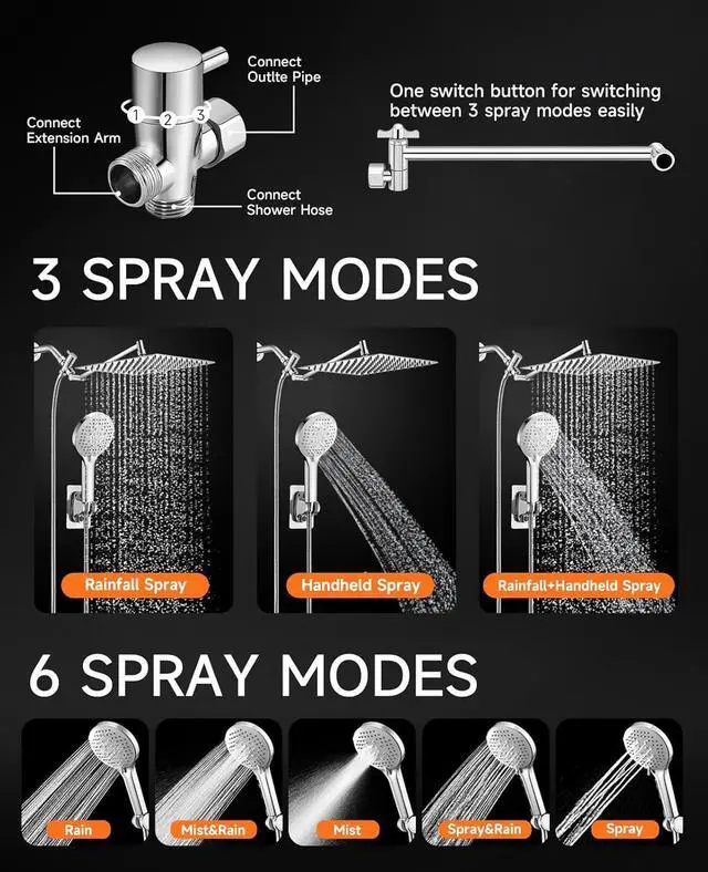 Alt view image 2 of 7 - 10 inch Rainfall Shower Head Combo Stainless Steel, THE FIRST WATERFALL mode, 10 Inch Rain Shower Head with Handheld 6 Spray Modes High Pressure, Overhead Shower Adjustable Extension Arm,Chrome