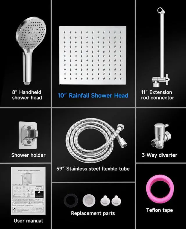 Alt view image 4 of 7 - 10 inch Rainfall Shower Head Combo Stainless Steel, THE FIRST WATERFALL mode, 10 Inch Rain Shower Head with Handheld 6 Spray Modes High Pressure, Overhead Shower Adjustable Extension Arm,Chrome