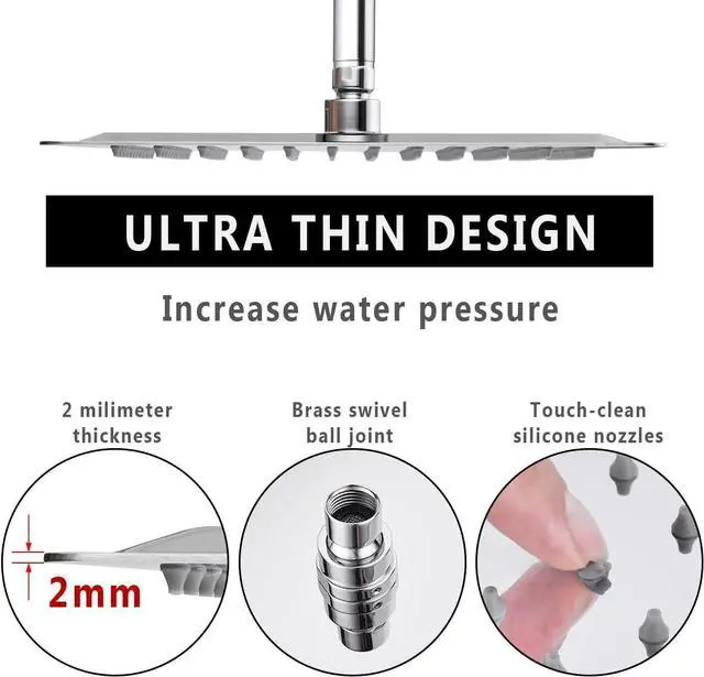 Alt view image 3 of 7 - 12 Inch Round Rainfall Shower Head, High Pressure Overhead Shower Heads, Wall Ceiling Mounted Ultra Thin Stainless Steel Shower Head, Chrome