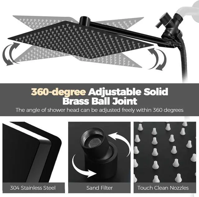 Alt view image 2 of 7 - 12 Inch Shower Head,High Pressure Rainfall Shower Head Combo with Handheld Spray- Adjustable 11" Extension Arm/Anti-Clog Nozzles,Matte Black