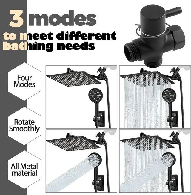 Alt view image 4 of 7 - 12 Inch Shower Head,High Pressure Rainfall Shower Head Combo with Handheld Spray- Adjustable 11" Extension Arm/Anti-Clog Nozzles,Matte Black