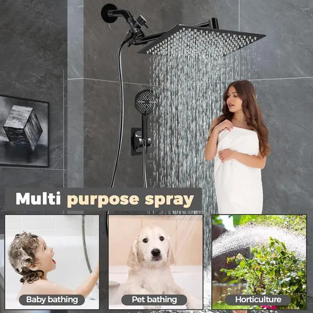Alt view image 6 of 7 - 12 Inch Shower Head,High Pressure Rainfall Shower Head Combo with Handheld Spray- Adjustable 11" Extension Arm/Anti-Clog Nozzles,Matte Black