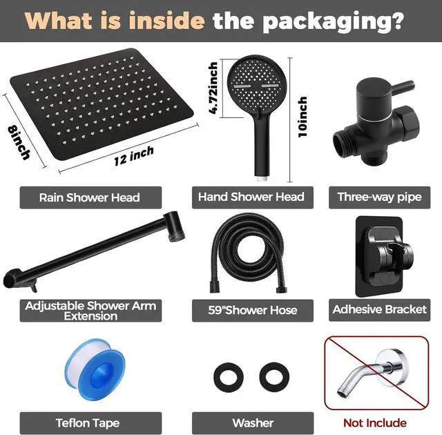 Alt view image 7 of 7 - 12 Inch Shower Head,High Pressure Rainfall Shower Head Combo with Handheld Spray- Adjustable 11" Extension Arm/Anti-Clog Nozzles,Matte Black