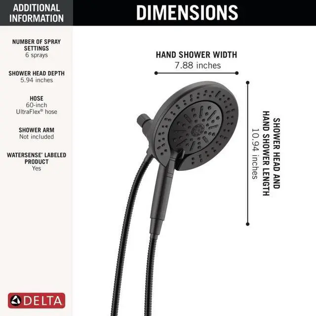 Alt view image 5 of 7 - Delta 6-Setting In2ition 2-in-1 Dual Shower Head with Handheld High Pressure ProClean Spray, Matte Black Detachable Shower Head with Hose, 1.75 GPM Flow Rate, Matte Black 75655BL