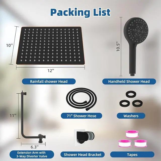 Alt view image 2 of 7 - 12" All Metal Shower Head, High Pressure 10-Spray Handheld Showerhead Rainfall Shower Head Combo with 11" Adjustable Shower Extension Arm, 71" Hose, Shower Head Holder, Oil Rubbed Bronze