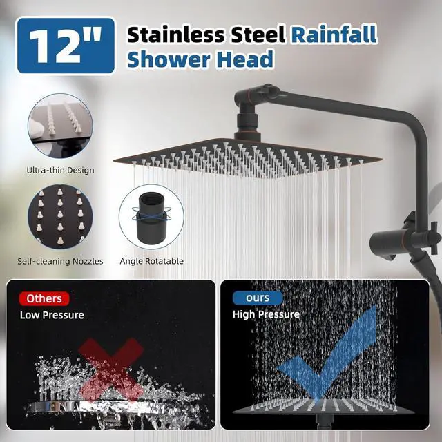 Alt view image 4 of 7 - 12" All Metal Shower Head, High Pressure 10-Spray Handheld Showerhead Rainfall Shower Head Combo with 11" Adjustable Shower Extension Arm, 71" Hose, Shower Head Holder, Oil Rubbed Bronze