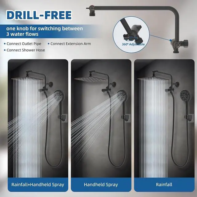 Alt view image 6 of 7 - 12" All Metal Shower Head, High Pressure 10-Spray Handheld Showerhead Rainfall Shower Head Combo with 11" Adjustable Shower Extension Arm, 71" Hose, Shower Head Holder, Oil Rubbed Bronze