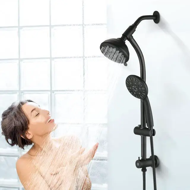 Alt view image 2 of 7 - High Pressure 48-Settings Shower Head with Handheld Shower,Drill-Free 3-Way Diverter for Easy Reach,Adjustable Height Slide Bar Dual Shower Head Combo Set - Matte Black