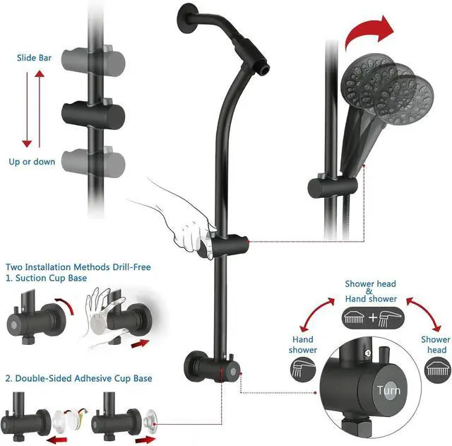 Alt view image 3 of 7 - High Pressure 48-Settings Shower Head with Handheld Shower,Drill-Free 3-Way Diverter for Easy Reach,Adjustable Height Slide Bar Dual Shower Head Combo Set - Matte Black