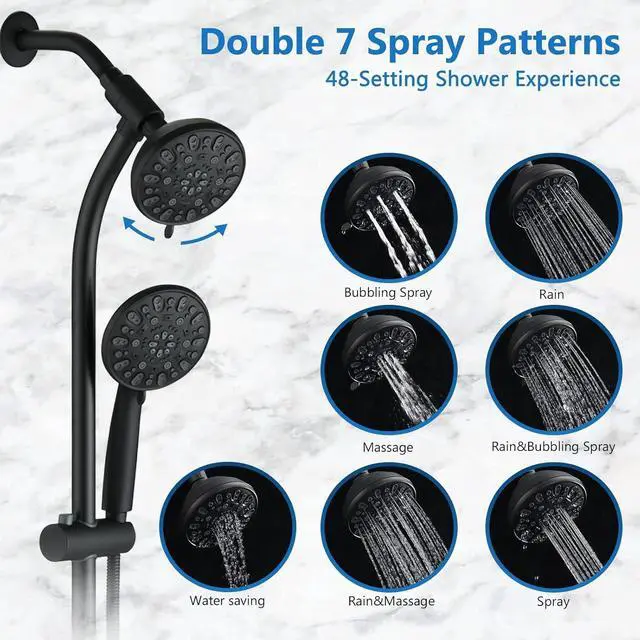 Alt view image 4 of 7 - High Pressure 48-Settings Shower Head with Handheld Shower,Drill-Free 3-Way Diverter for Easy Reach,Adjustable Height Slide Bar Dual Shower Head Combo Set - Matte Black