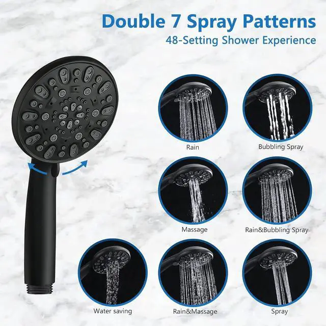Alt view image 5 of 7 - High Pressure 48-Settings Shower Head with Handheld Shower,Drill-Free 3-Way Diverter for Easy Reach,Adjustable Height Slide Bar Dual Shower Head Combo Set - Matte Black