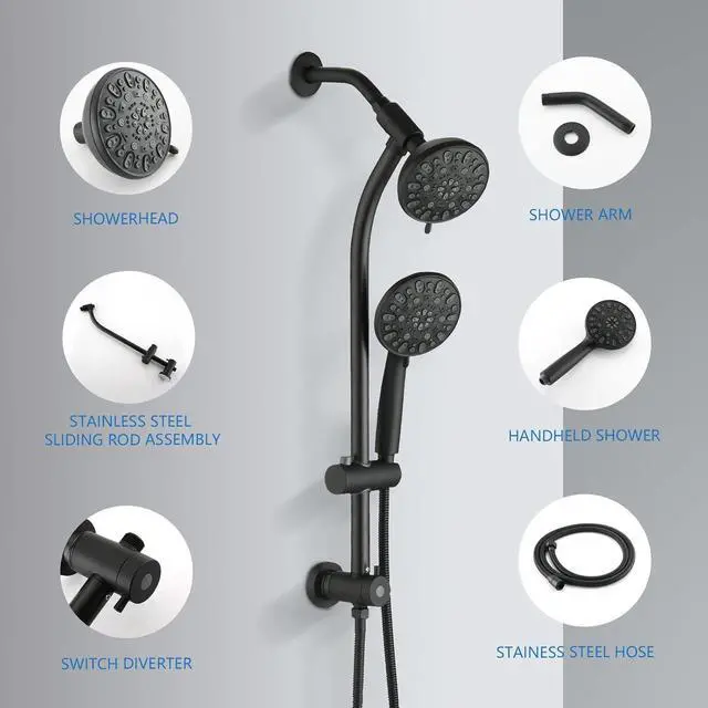Alt view image 7 of 7 - High Pressure 48-Settings Shower Head with Handheld Shower,Drill-Free 3-Way Diverter for Easy Reach,Adjustable Height Slide Bar Dual Shower Head Combo Set - Matte Black