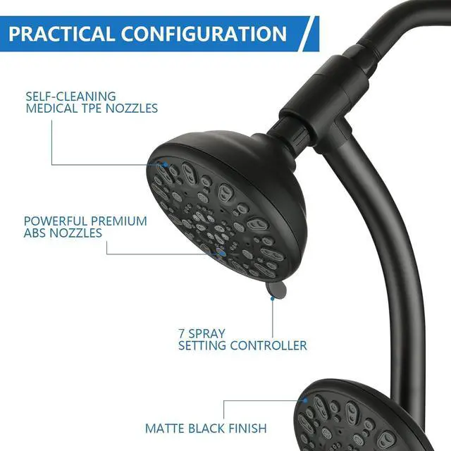 Alt view image 6 of 7 - High Pressure 48-Settings Shower Head with Handheld Shower,Drill-Free 3-Way Diverter for Easy Reach,Adjustable Height Slide Bar Dual Shower Head Combo Set - Matte Black