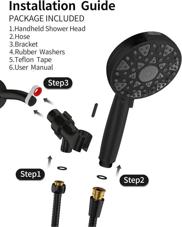 Alt view image 6 of 7 - Shower Head With Handheld High Pressure 7 modes, Built-in Power Wash to Clear Tub, Tile, 5" High Powerful Hand Held Rain Showerhead with Stainless Steel Hose and Adjustable Bracket (Matte Black)