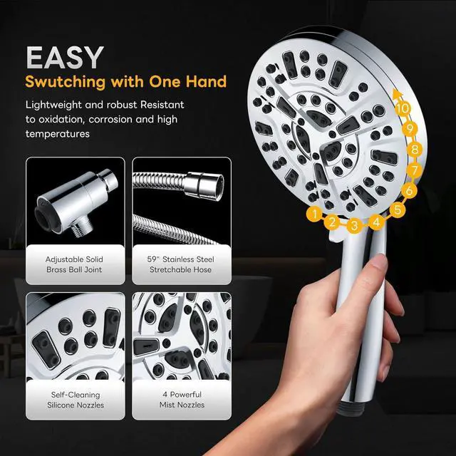 Alt view image 3 of 7 - High Pressure 10 Ways Handheld Shower Head Chrome- Anti-clog Nozzles, Built-in Power Wash to Clean Tub, Wall & Overhead Brackets,Magnetitc Rainfall Shower Wand,Built-in 2 Power Jet